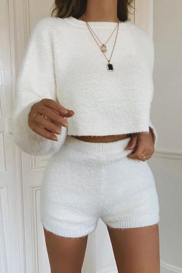 Women shorts 2 Piece Set Fluffy Crop Top + Shorts Set - Takalr