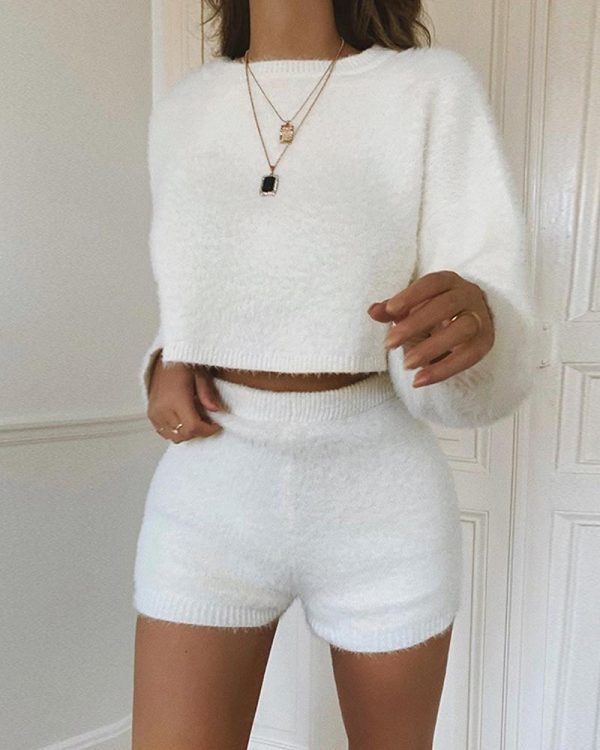 Women shorts 2 Piece Set Fluffy Crop Top + Shorts Set - Takalr