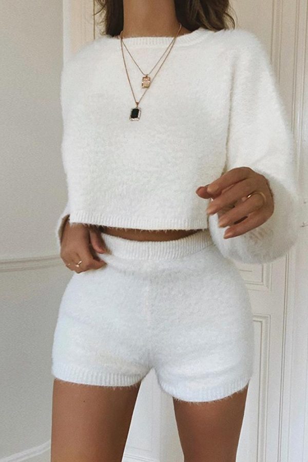 Women shorts 2 Piece Set Fluffy Crop Top + Shorts Set - Takalr