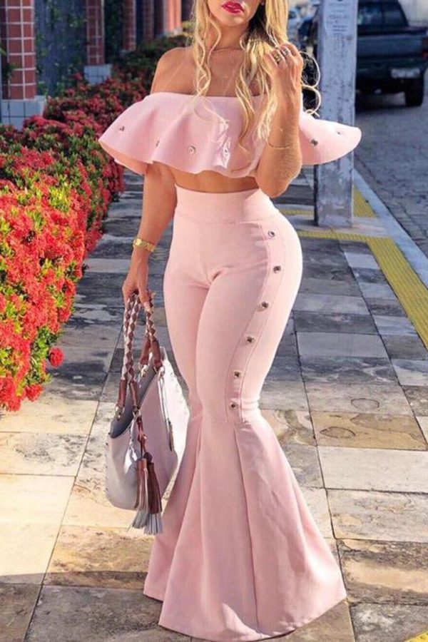 Women two piece outfits off shoulder Ruffle crop tops and flare pants 2 piece set Summer tracksuit Club festival women set - Takalr