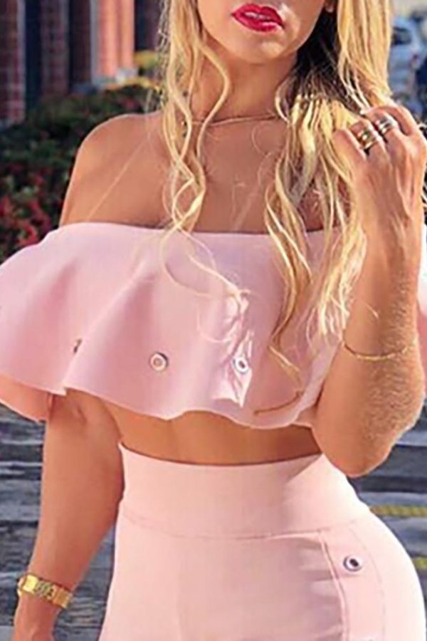 Women two piece outfits off shoulder Ruffle crop tops and flare pants 2 piece set Summer tracksuit Club festival women set - Takalr