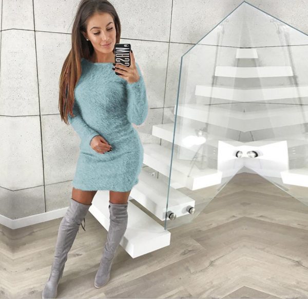 XXL Knitted Sweater Dress Women Solid Skinny Long Sleeve Winter Dress Caaual Woman Short Strechy Bodycon Dresses - Takalr