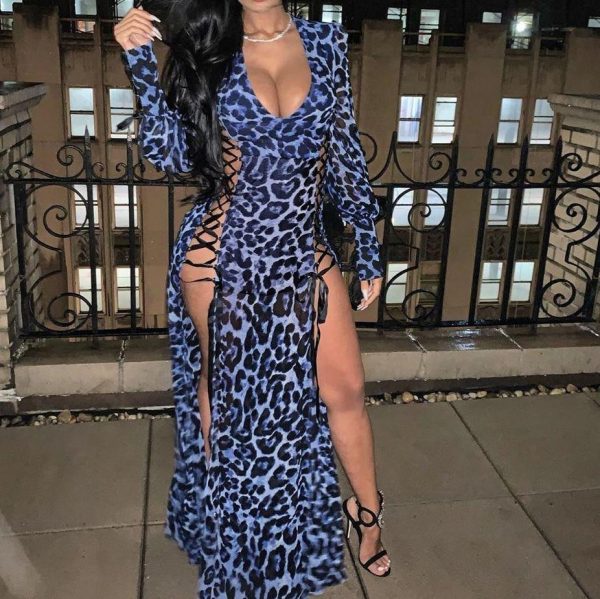 XXL Leopard Print Bandage Hollow Out  Dress Women Long Sleeve V-neck Split High Waits Maxi Dress Party Club Wear Robe Femme - Takalr