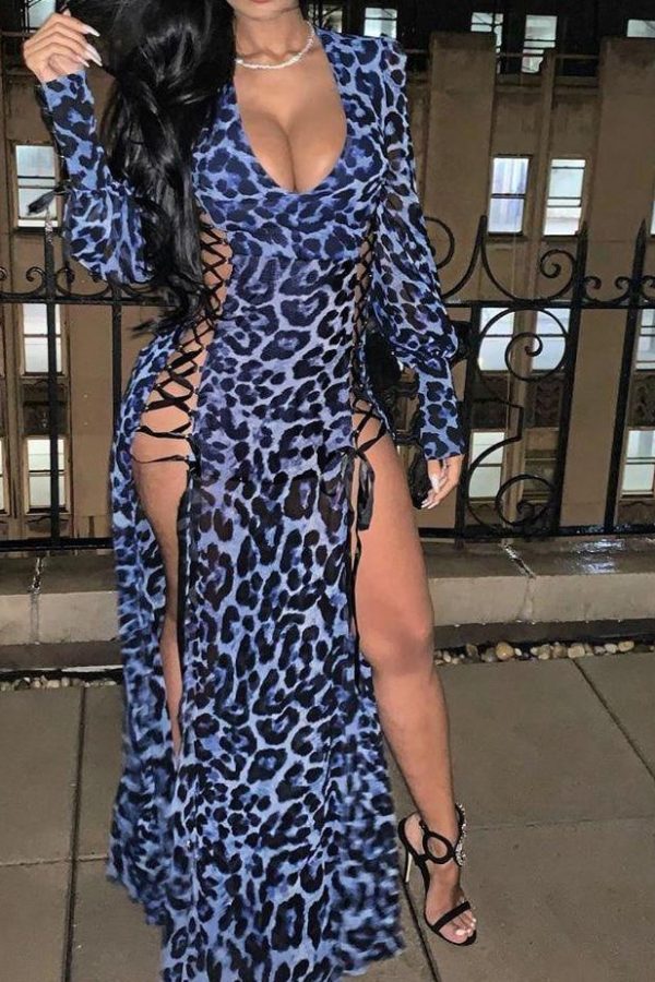 XXL Leopard Print Bandage Hollow Out  Dress Women Long Sleeve V-neck Split High Waits Maxi Dress Party Club Wear Robe Femme - Takalr