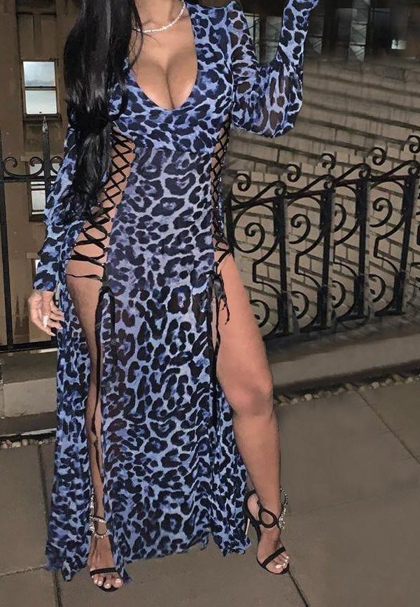 XXL Leopard Print Bandage Hollow Out  Dress Women Long Sleeve V-neck Split High Waits Maxi Dress Party Club Wear Robe Femme - Takalr