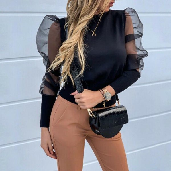 XXL Mesh Sleeve Patchwork T Shirt Women Autumn 2019 Fashion Long Sleeve Tshirt Streetwear Casual Winter Basic Tops Blusa Mujer - Takalr