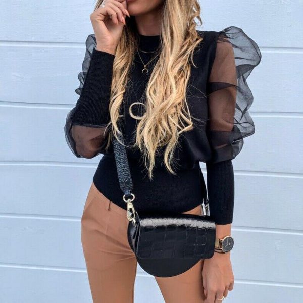 XXL Mesh Sleeve Patchwork T Shirt Women Autumn 2019 Fashion Long Sleeve Tshirt Streetwear Casual Winter Basic Tops Blusa Mujer - Takalr