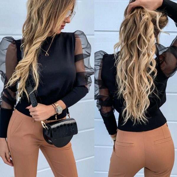 XXL Mesh Sleeve Patchwork T Shirt Women Autumn 2019 Fashion Long Sleeve Tshirt Streetwear Casual Winter Basic Tops Blusa Mujer - Takalr