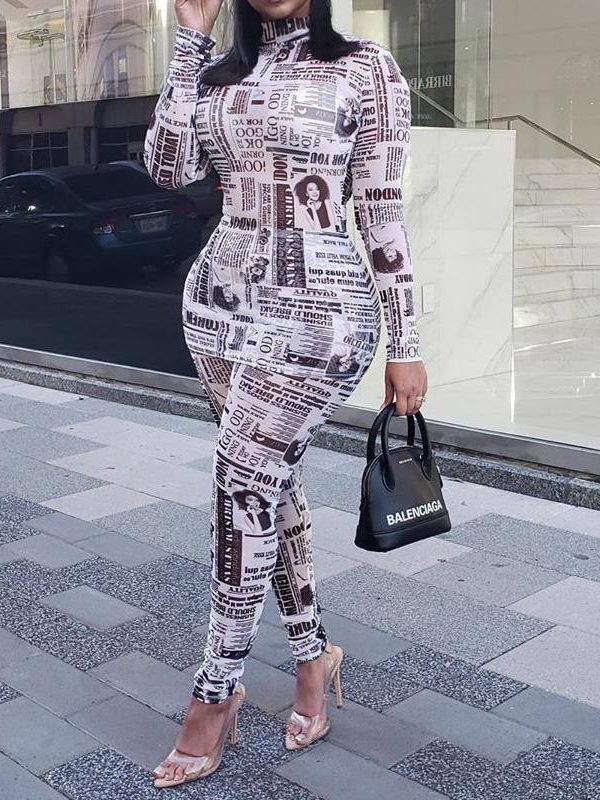 XXL Newspaper Print Two Piece Set Women Long Sleeve T Shirt and Pencil Pants Sets Streetwear 2019 Slinky 2 Piece Set Tracksuits - Takalr