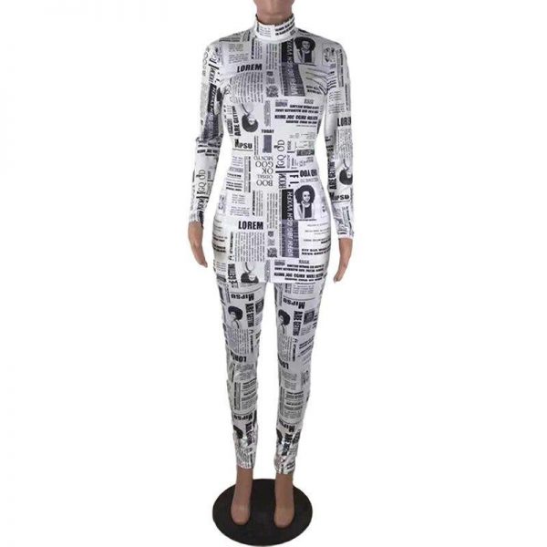 XXL Newspaper Print Two Piece Set Women Long Sleeve T Shirt and Pencil Pants Sets Streetwear 2019 Slinky 2 Piece Set Tracksuits - Takalr