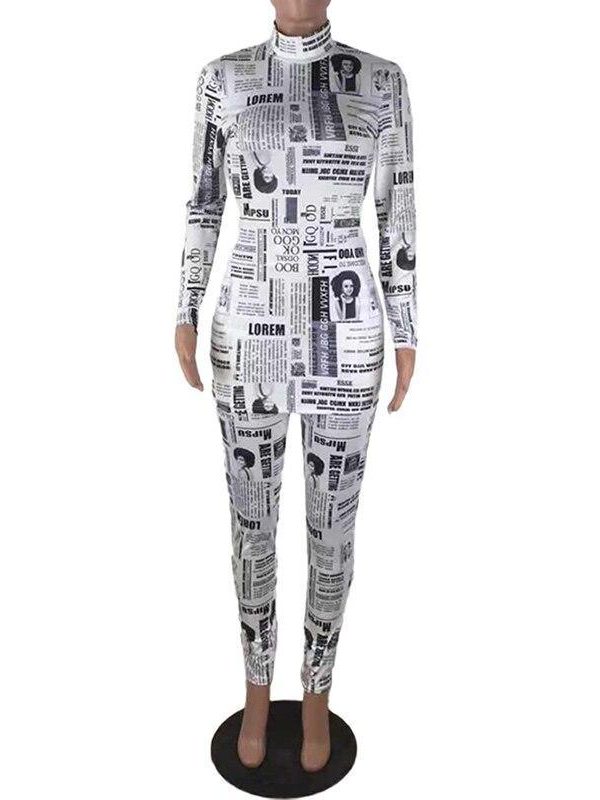 XXL Newspaper Print Two Piece Set Women Long Sleeve T Shirt and Pencil Pants Sets Streetwear 2019 Slinky 2 Piece Set Tracksuits - Takalr