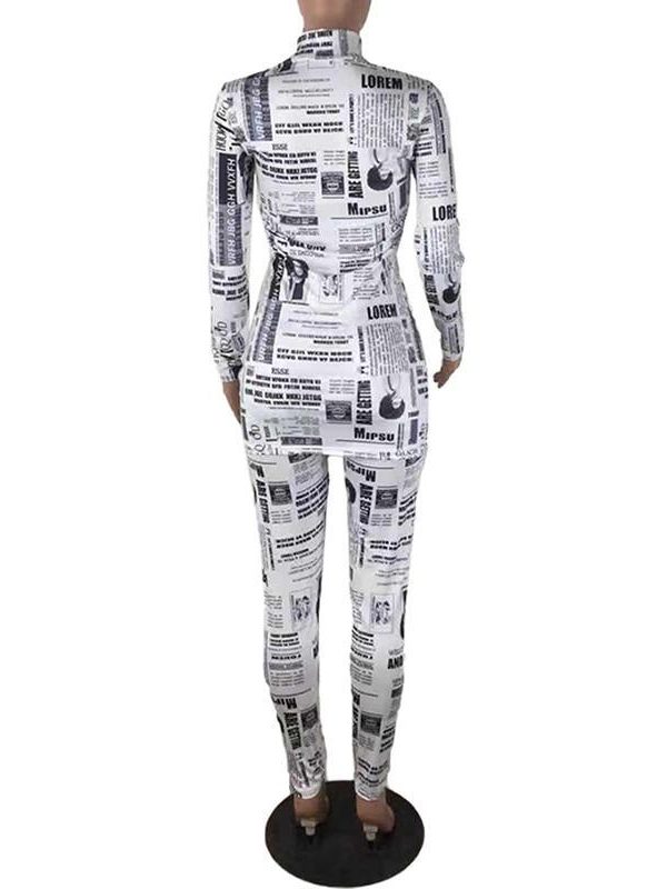 XXL Newspaper Print Two Piece Set Women Long Sleeve T Shirt and Pencil Pants Sets Streetwear 2019 Slinky 2 Piece Set Tracksuits - Takalr