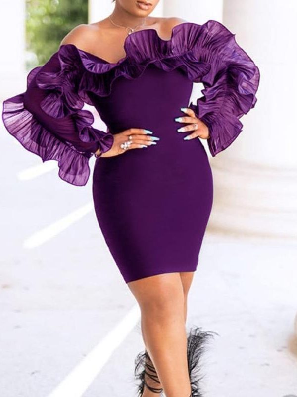 XXL Ruffles Shoulder Bodycon Dress Women Solif Color Elegant Long Sleeve Party Dress - Takalr