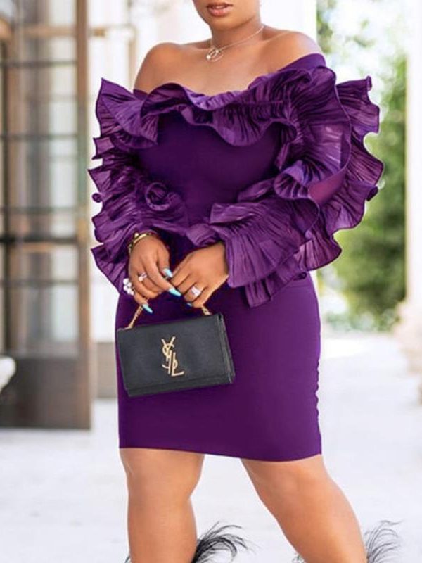 XXL Ruffles Shoulder Bodycon Dress Women Solif Color Elegant Long Sleeve Party Dress - Takalr