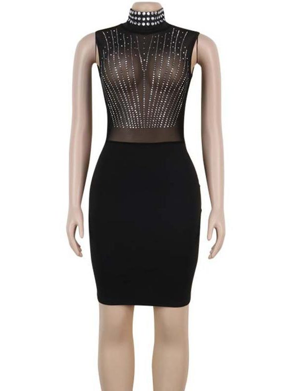 XXL Transparent Diamonds Mesh Dress Women See Through Bodycon Sexy Dress Black Mock Neck Stretchy Party Dresses Vestidos Mujer - Takalr