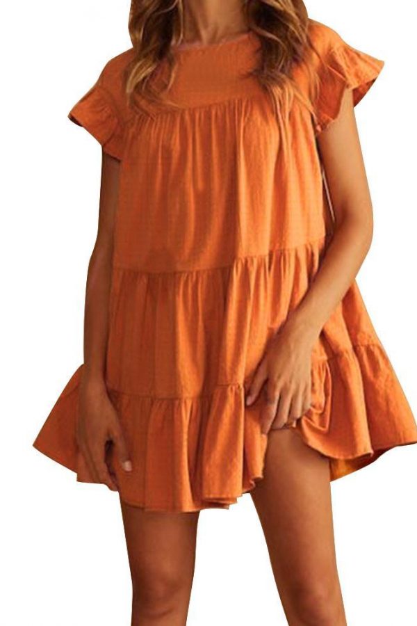 Women Casual Ruffle O Neck Short Sleeve Dress - Takalr