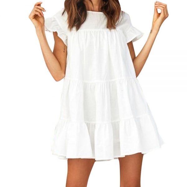 Women Casual Ruffle O Neck Short Sleeve Dress - Takalr