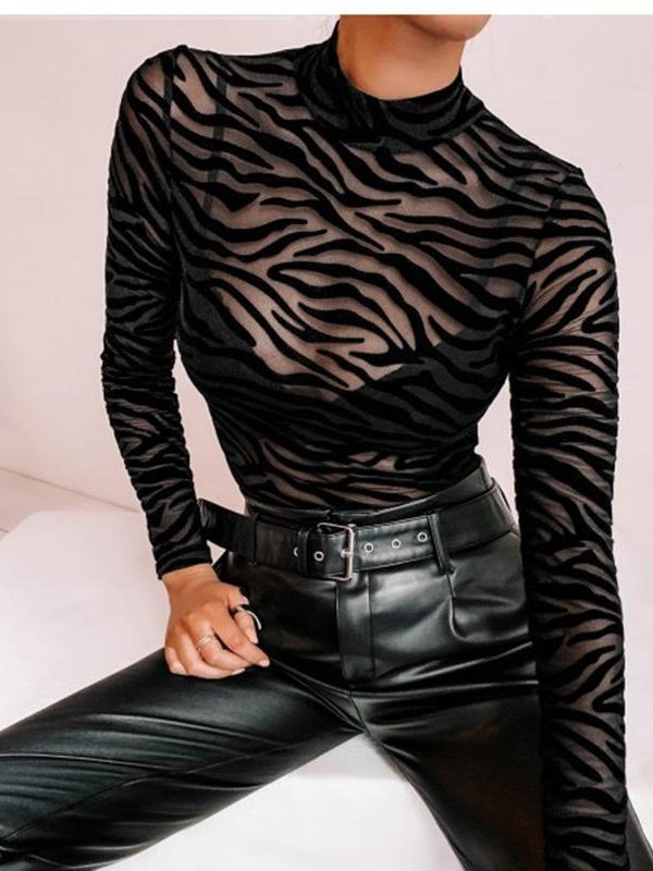 Zebra leopard mesh sheer bodysuit blouse women Long sleeve sexy transparent tops summer 2019 See through skinny stretchy top - Takalr