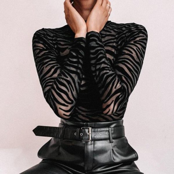 Zebra leopard mesh sheer bodysuit blouse women Long sleeve sexy transparent tops summer 2019 See through skinny stretchy top - Takalr