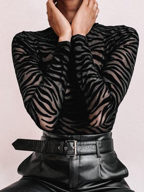 Zebra leopard mesh sheer bodysuit blouse women Long sleeve sexy transparent tops summer 2019 See through skinny stretchy top - Takalr