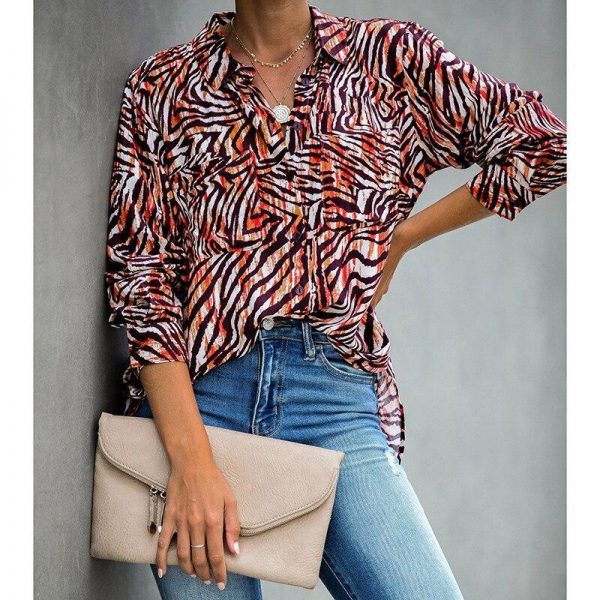 Zebra print turn down collar womens tops and blouses Elegant ladies button casual blouse shirt Summer Tops Autumn Blusas - Takalr