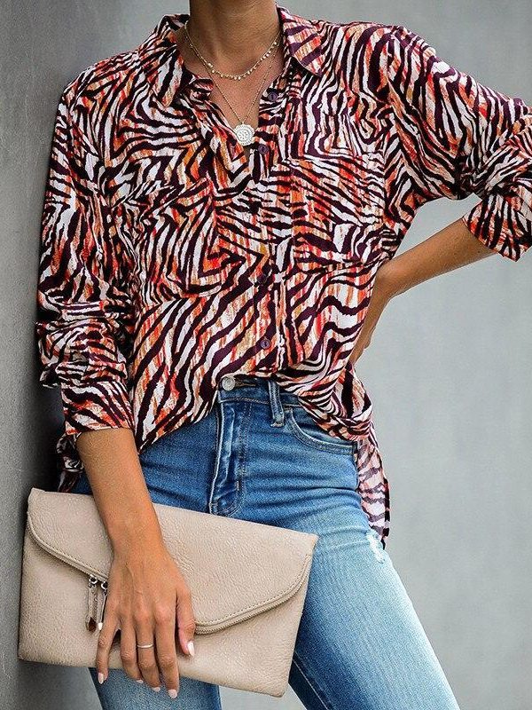 Zebra print turn down collar womens tops and blouses Elegant ladies button casual blouse shirt Summer Tops Autumn Blusas - Takalr