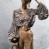 Zebra striped pattern v neck lace up blouse shirt women Casual loose tops Summer Elegant ladies blouse Lanten sleeve blusas - Takalr