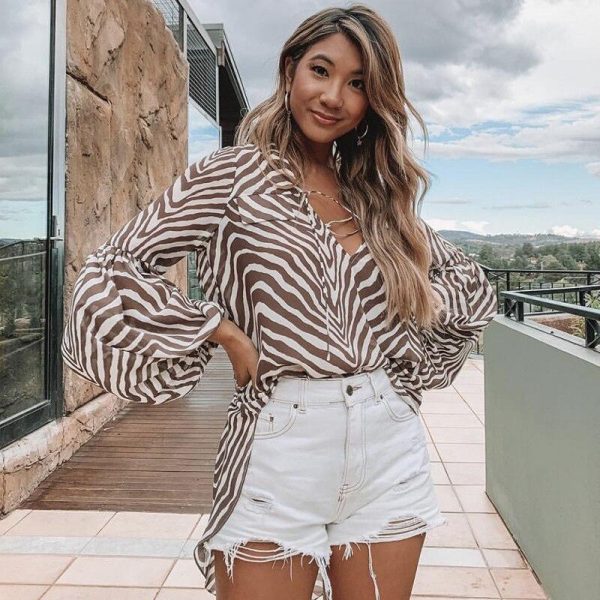 Zebra striped pattern v neck lace up blouse shirt women Casual loose tops Summer Elegant ladies blouse Lanten sleeve blusas - Takalr