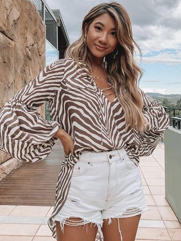 Zebra striped pattern v neck lace up blouse shirt women Casual loose tops Summer Elegant ladies blouse Lanten sleeve blusas - Takalr