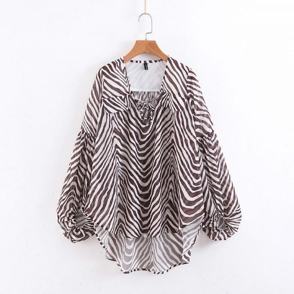 Zebra striped pattern v neck lace up blouse shirt women Casual loose tops Summer Elegant ladies blouse Lanten sleeve blusas - Takalr