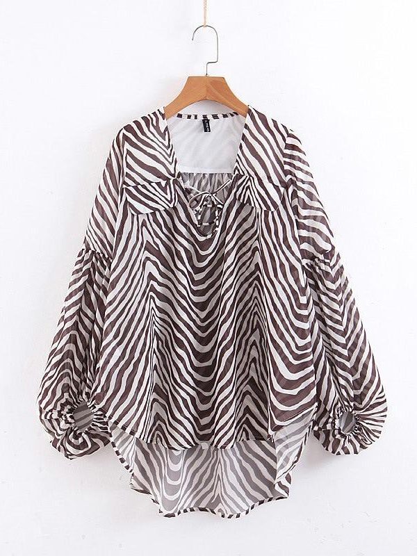 Zebra striped pattern v neck lace up blouse shirt women Casual loose tops Summer Elegant ladies blouse Lanten sleeve blusas - Takalr