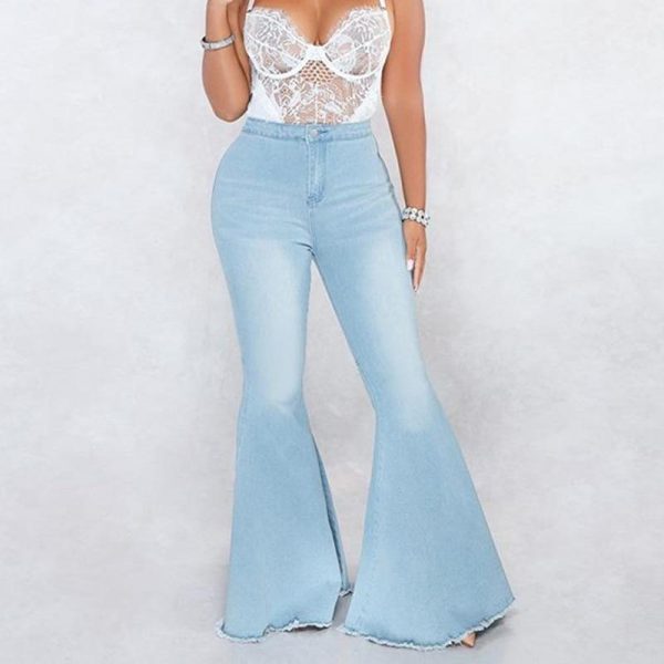 Zip up blue jeans woman Solid color high waist jeans Summer fashion long denim flare pants Push up skinny jeans women - Takalr