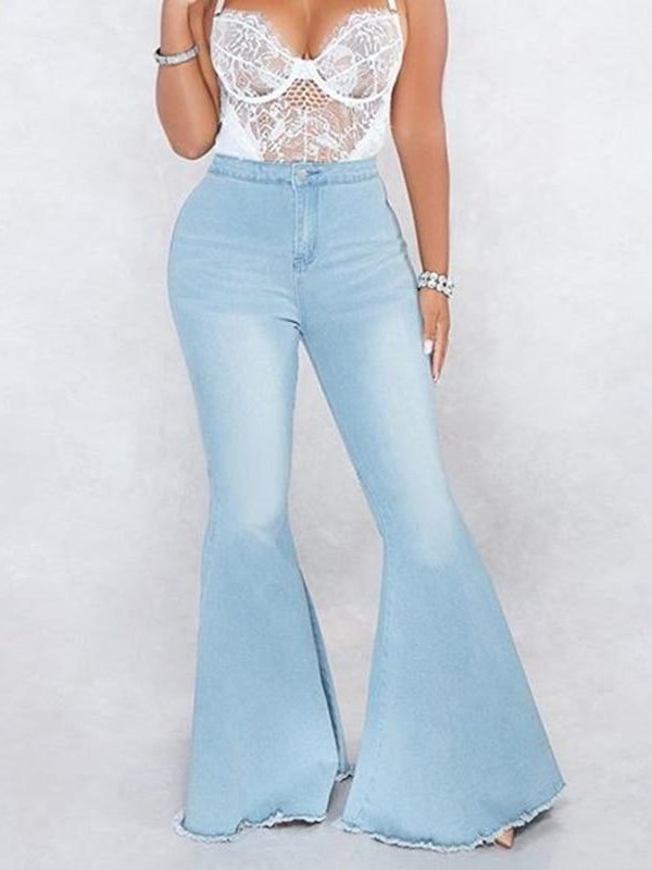 Zip up blue jeans woman Solid color high waist jeans Summer fashion long denim flare pants Push up skinny jeans women - Takalr