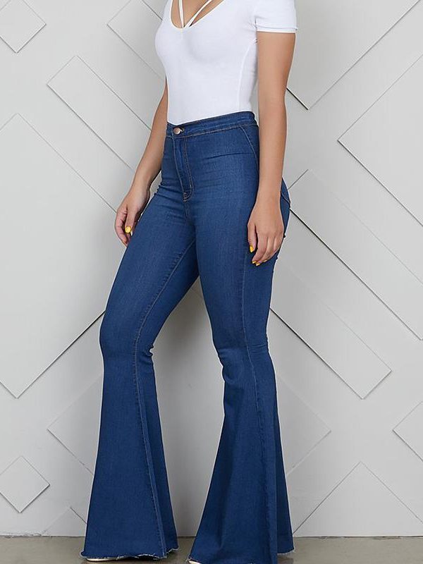 Zip up blue jeans woman Solid color high waist jeans Summer fashion long denim flare pants Push up skinny jeans women - Takalr