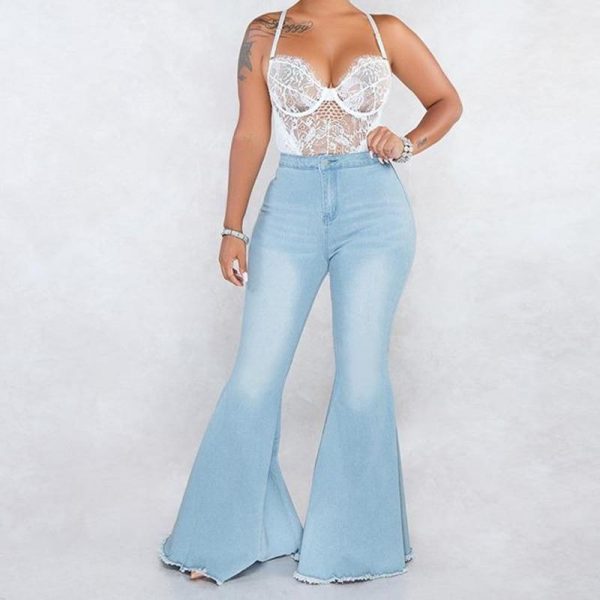 Zip up blue jeans woman Solid color high waist jeans Summer fashion long denim flare pants Push up skinny jeans women - Takalr