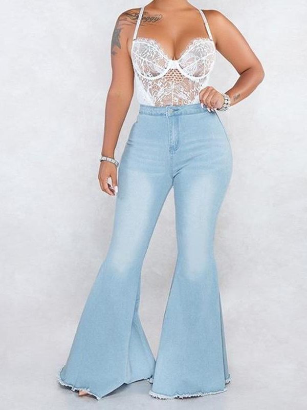 Zip up blue jeans woman Solid color high waist jeans Summer fashion long denim flare pants Push up skinny jeans women - Takalr