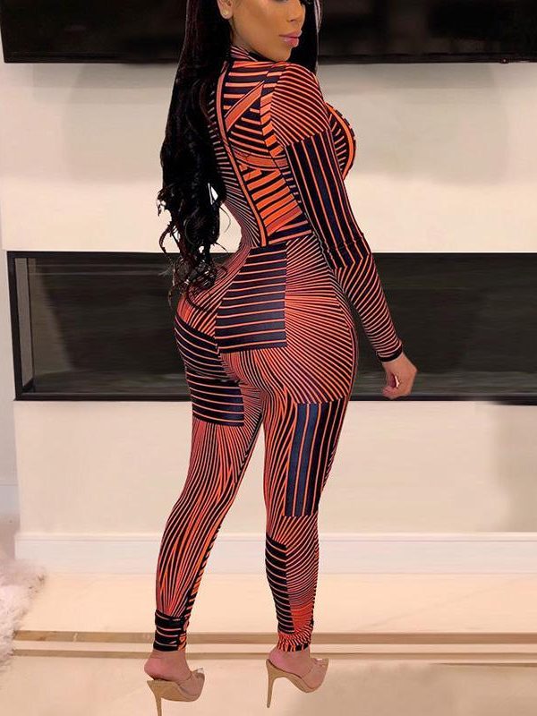 Zipper design jumpsuit for women Striped print long sleeve rompers womens jumpsuit Autumn 2019 streetwear Overalls femme - Takalr