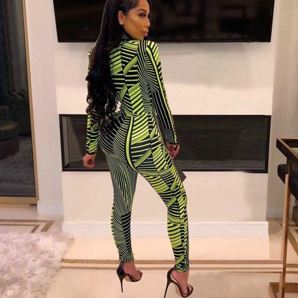 Zipper design jumpsuit for women Striped print long sleeve rompers womens jumpsuit Autumn 2019 streetwear Overalls femme - Takalr