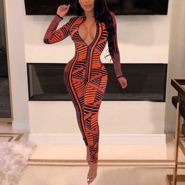 Zipper design jumpsuit for women Striped print long sleeve rompers womens jumpsuit Autumn 2019 streetwear Overalls femme - Takalr