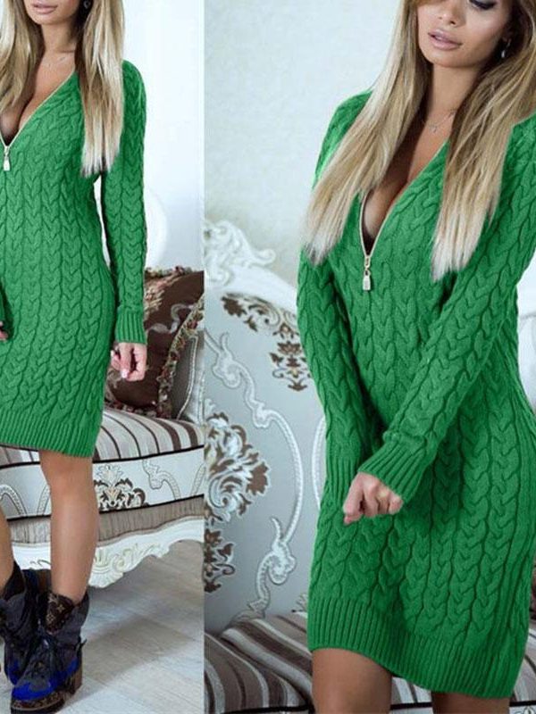 Zippered V Neck Long Sleeve Dress Women Soild Twised Slim Mini Sweater Dress Winter Casual Office Lady Dresses 2019 - Takalr