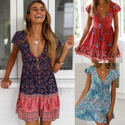 The Best A-Line Bohemian Floral Dress Sexy V-neck Short Sleeve Mini Dress Online - Source Silk