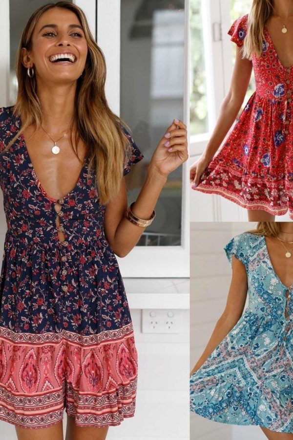 The Best A-Line Bohemian Floral Dress Sexy V-neck Short Sleeve Mini Dress Online - Source Silk
