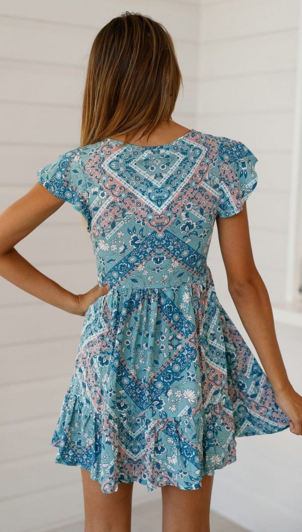 The Best A-Line Bohemian Floral Dress Sexy V-neck Short Sleeve Mini Dress Online - Source Silk