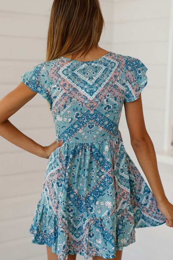 The Best A-Line Bohemian Floral Dress Sexy V-neck Short Sleeve Mini Dress Online - Source Silk