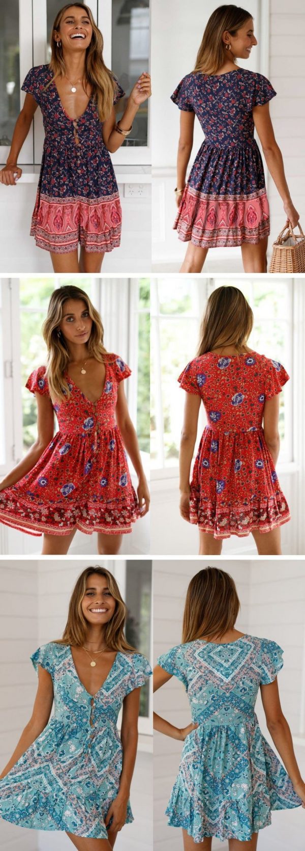 The Best A-Line Bohemian Floral Dress Sexy V-neck Short Sleeve Mini Dress Online - Source Silk