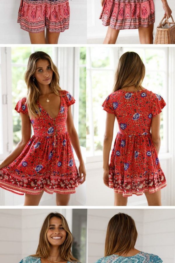 The Best A-Line Bohemian Floral Dress Sexy V-neck Short Sleeve Mini Dress Online - Source Silk