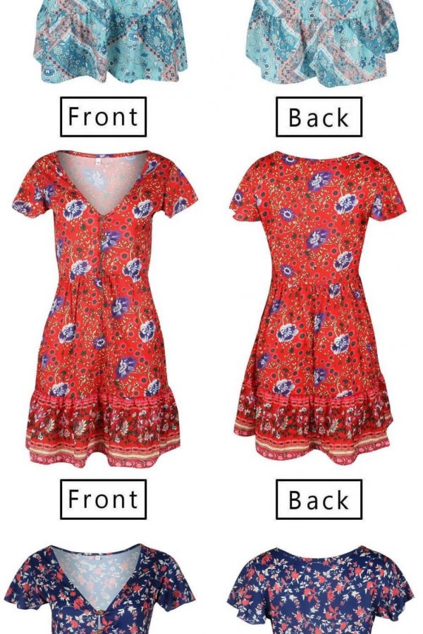 The Best A-Line Bohemian Floral Dress Sexy V-neck Short Sleeve Mini Dress Online - Source Silk