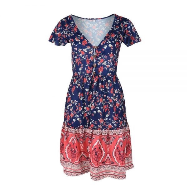 The Best A-Line Bohemian Floral Dress Sexy V-neck Short Sleeve Mini Dress Online - Source Silk