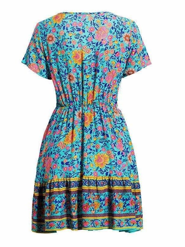 The Best A-Line Bohemian Floral Dress Sexy V-neck Short Sleeve Mini Dress Online - Source Silk