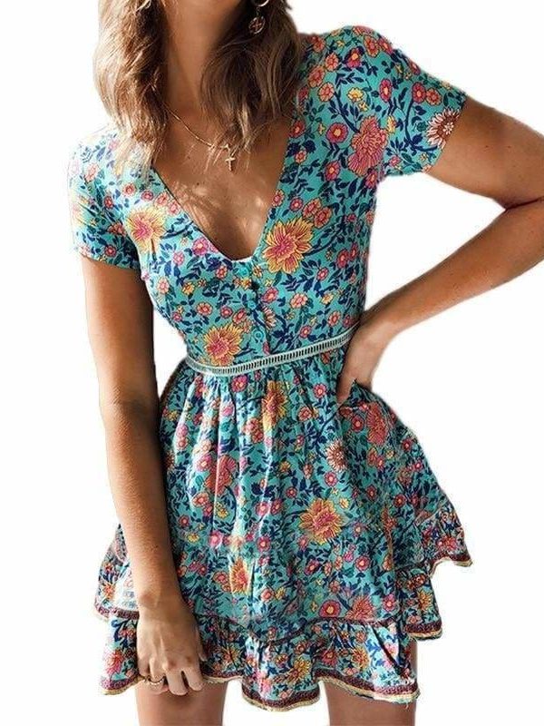 The Best A-Line Bohemian Floral Dress Sexy V-neck Short Sleeve Mini Dress Online - Source Silk